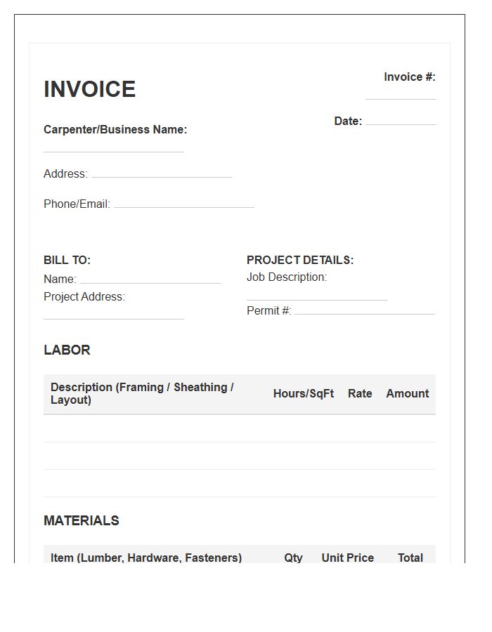 Framing Carpenter Material Labor Invoice Template