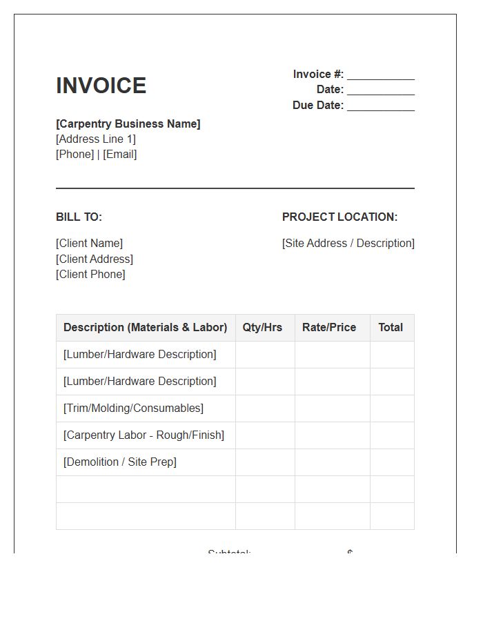 General Carpentry Material Labor Invoice Template