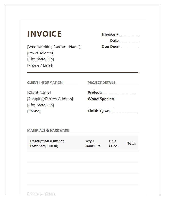 Professional Woodworker Material Labor Invoice Template