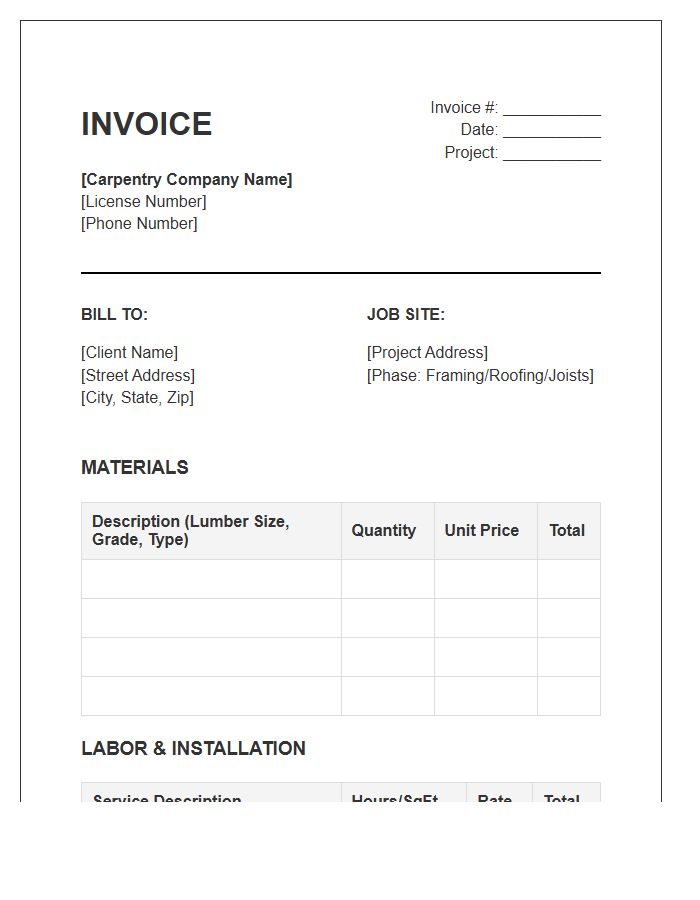 Structural Carpentry Material Labor Invoice Template