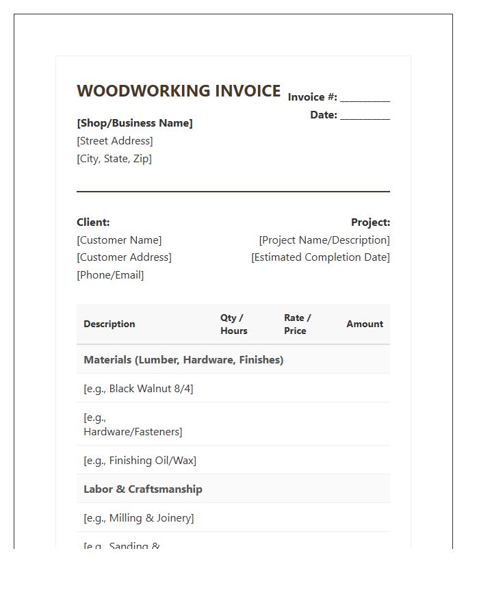 Woodworking Project Material Labor Invoice Template