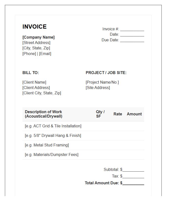 Acoustical Ceiling And Drywall Invoice Template