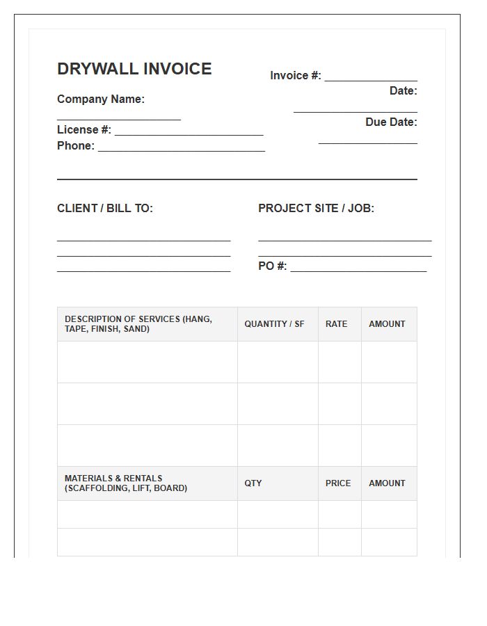 Commercial Drywall Project Invoice Template