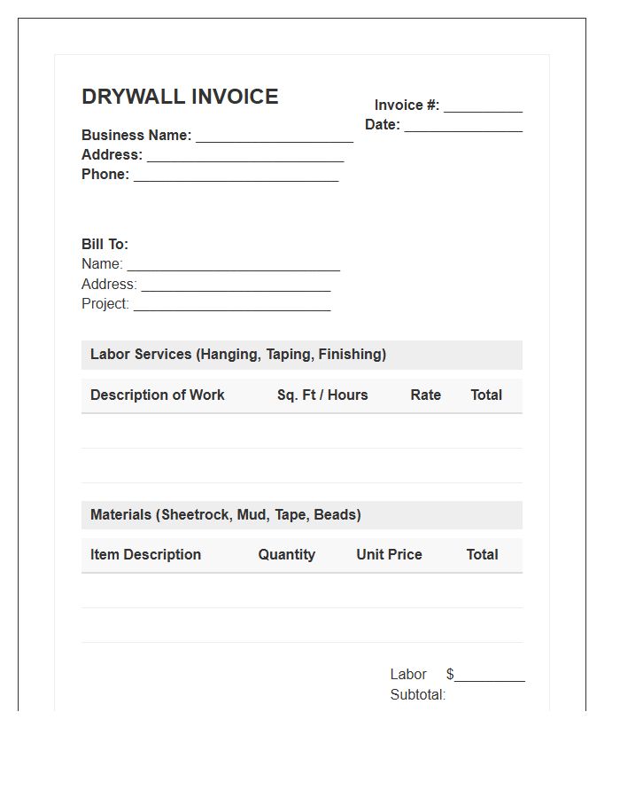 Drywall Labor And Materials Invoice Template