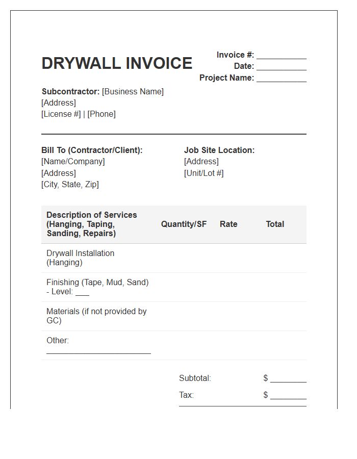 Drywall Subcontractor Services Invoice Template