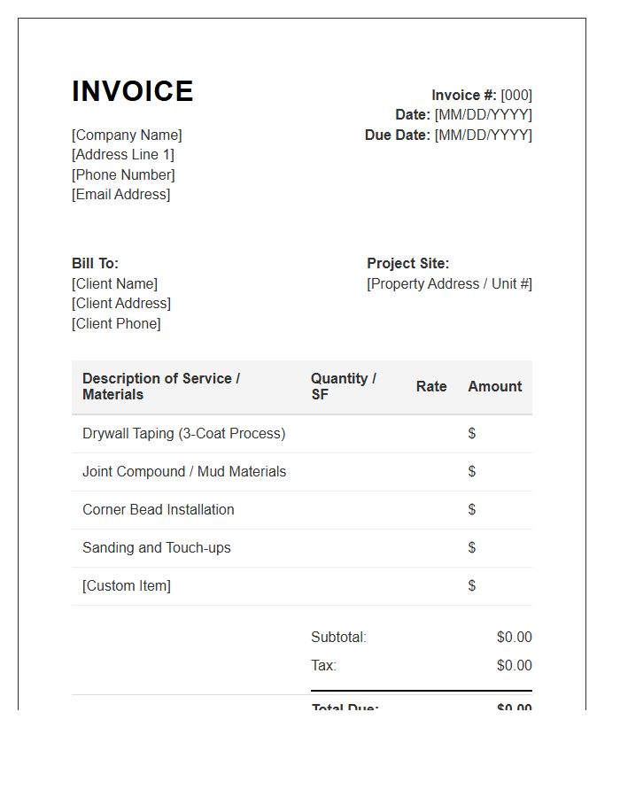 Drywall Taping And Mudding Invoice Template