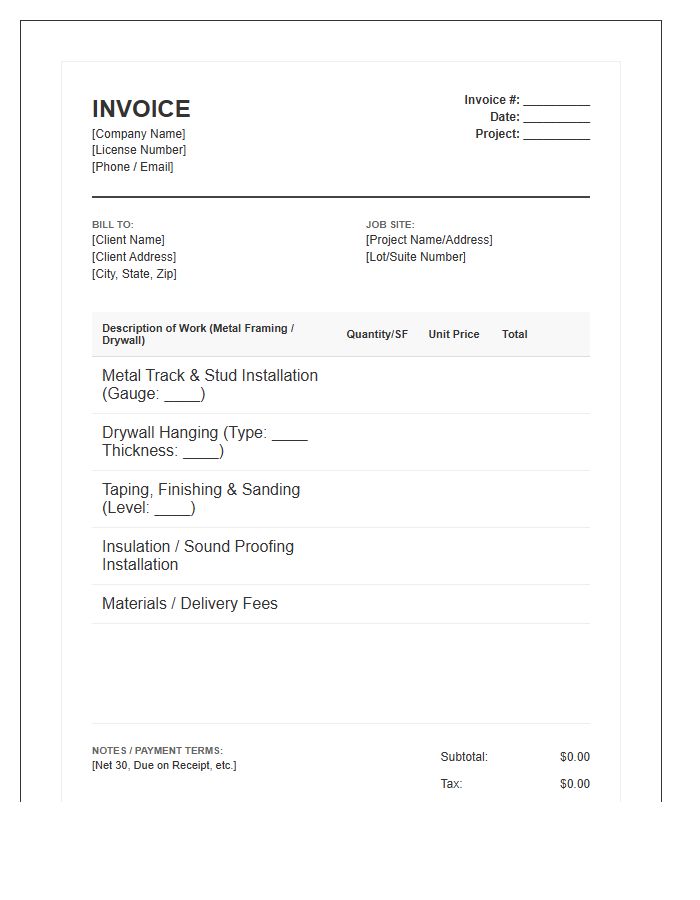 Metal Stud Framing And Drywall Invoice Template