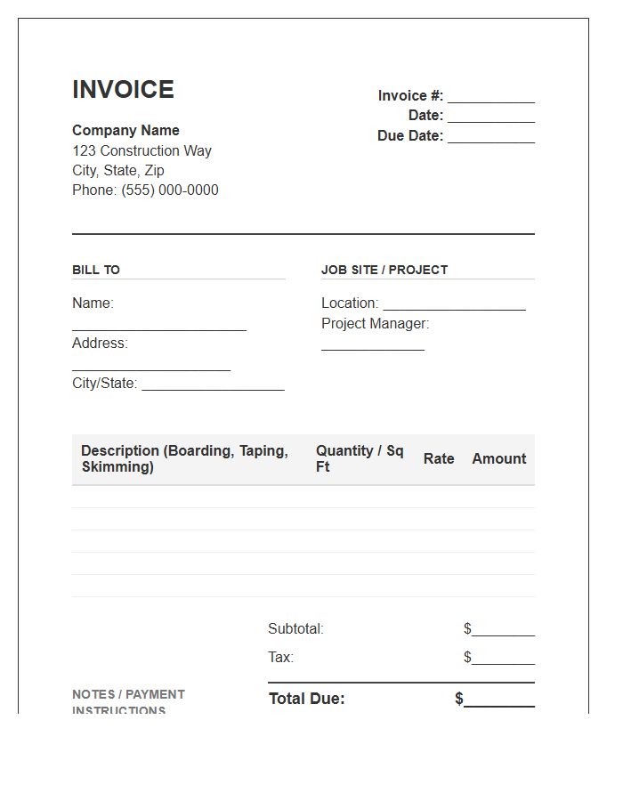 Plastering And Drywalling Invoice Template