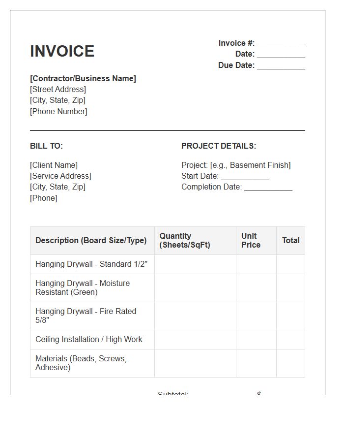 Residential Drywall Hanging Invoice Template