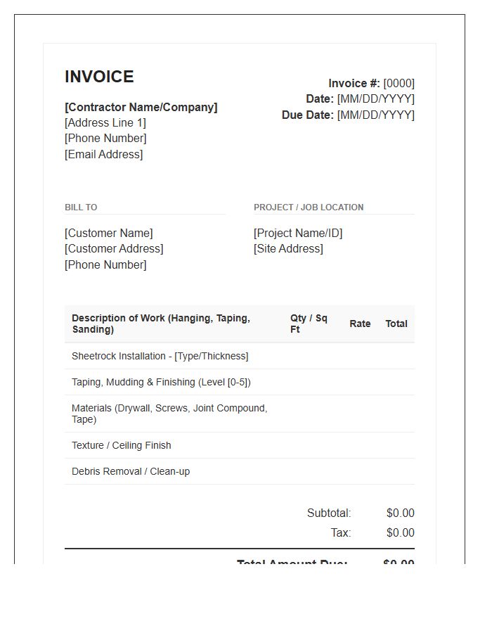 Sheetrock Contractor Billing Invoice Template