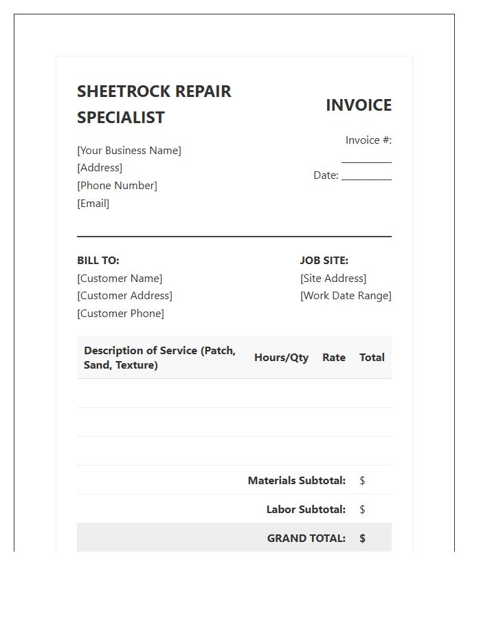 Sheetrock Repair Specialist Invoice Template