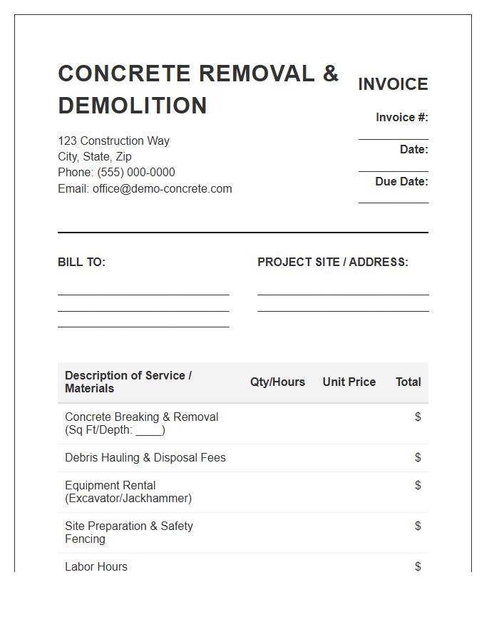 Concrete Removal And Demolition Service Invoice Template