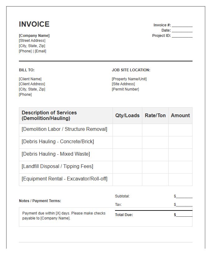 Debris Hauling And Disposal Demolition Invoice Template