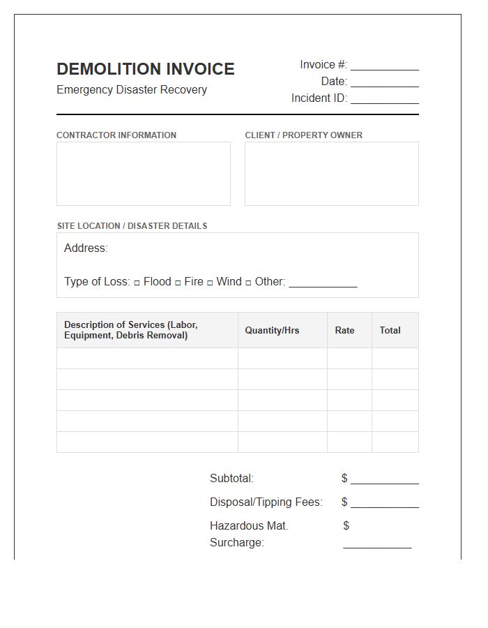 Emergency Disaster Recovery Demolition Invoice Template