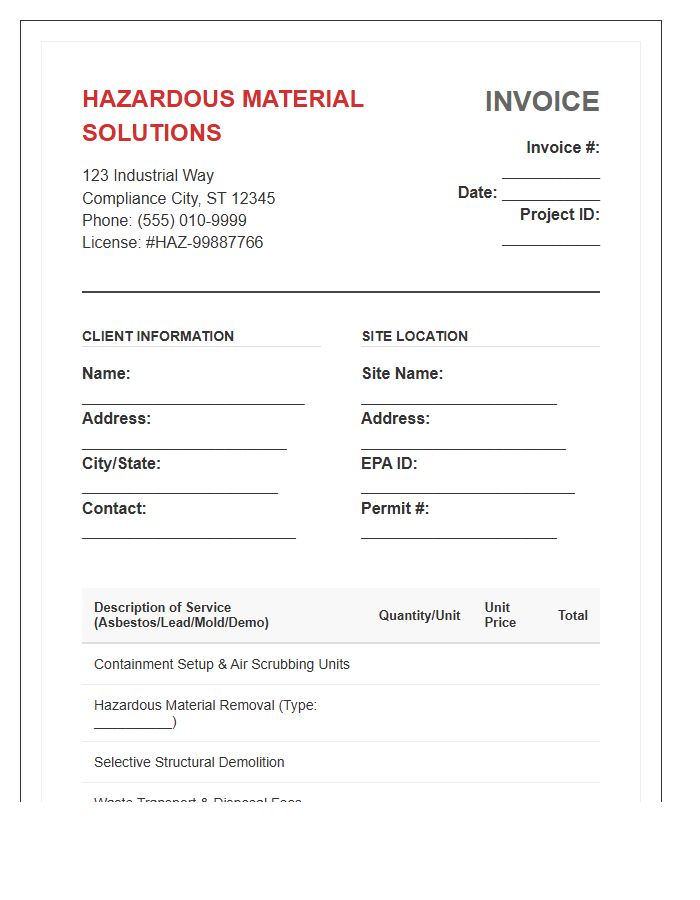Hazardous Material Abatement Demolition Invoice Template