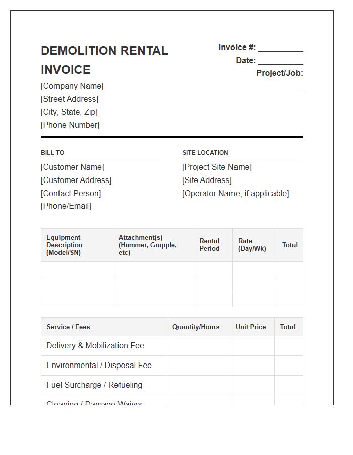 Heavy Equipment Rental Demolition Invoice Template