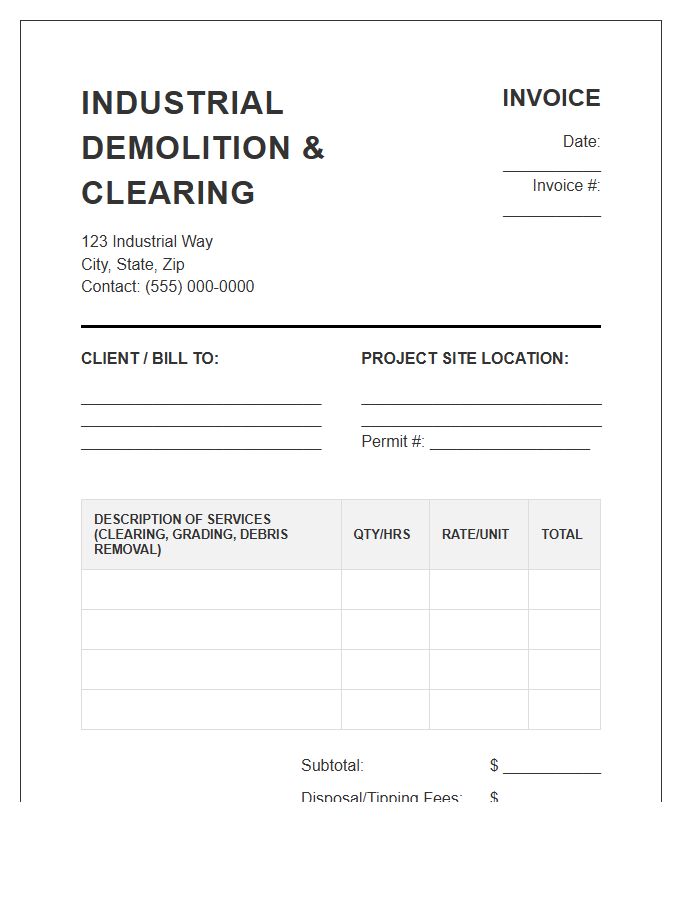 Industrial Site Clearing And Demolition Invoice Template