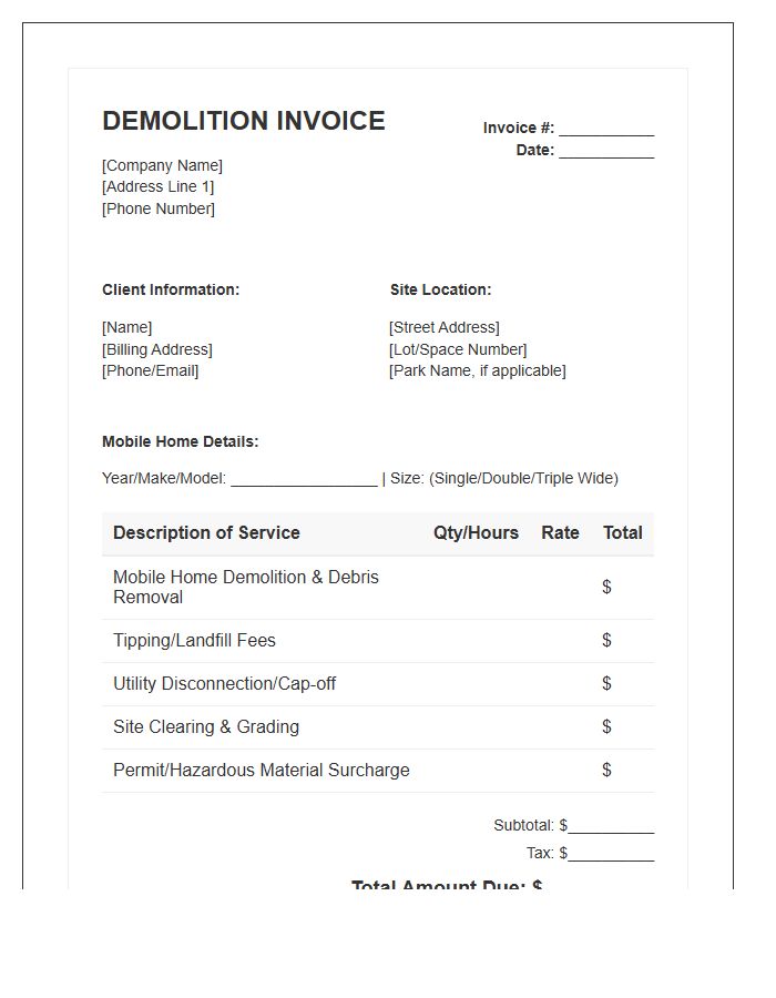 Mobile Home Removal Demolition Invoice Template
