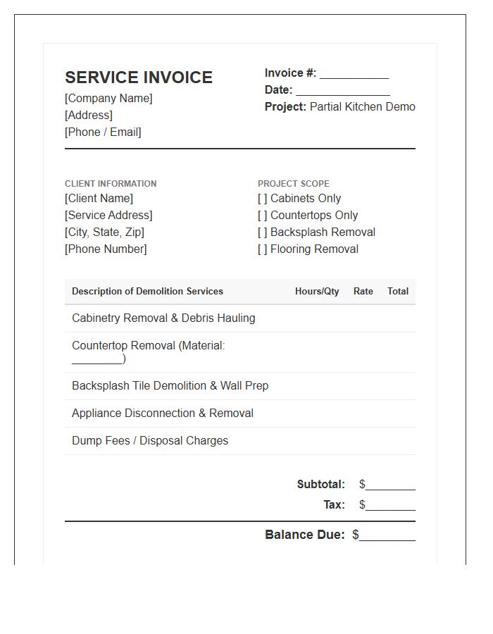 Partial Kitchen Demolition Service Invoice Template