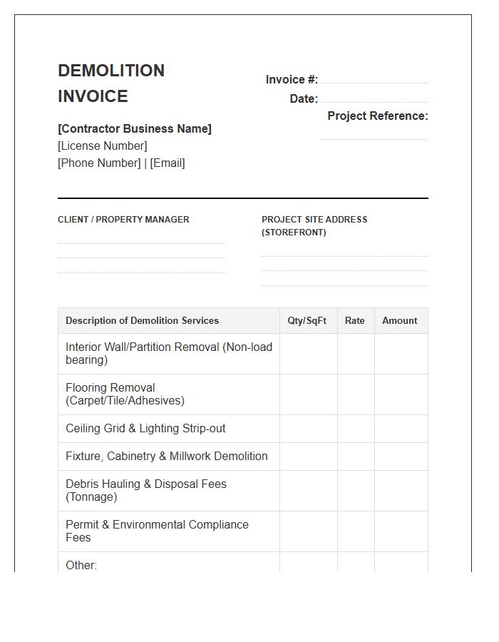 Retail Storefront Interior Demolition Invoice Template