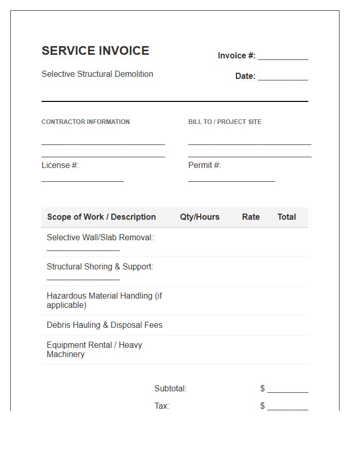 Selective Structural Demolition Service Invoice Template