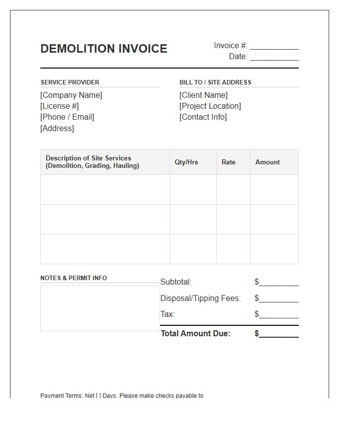 Site Preparation And Demolition Invoice Template