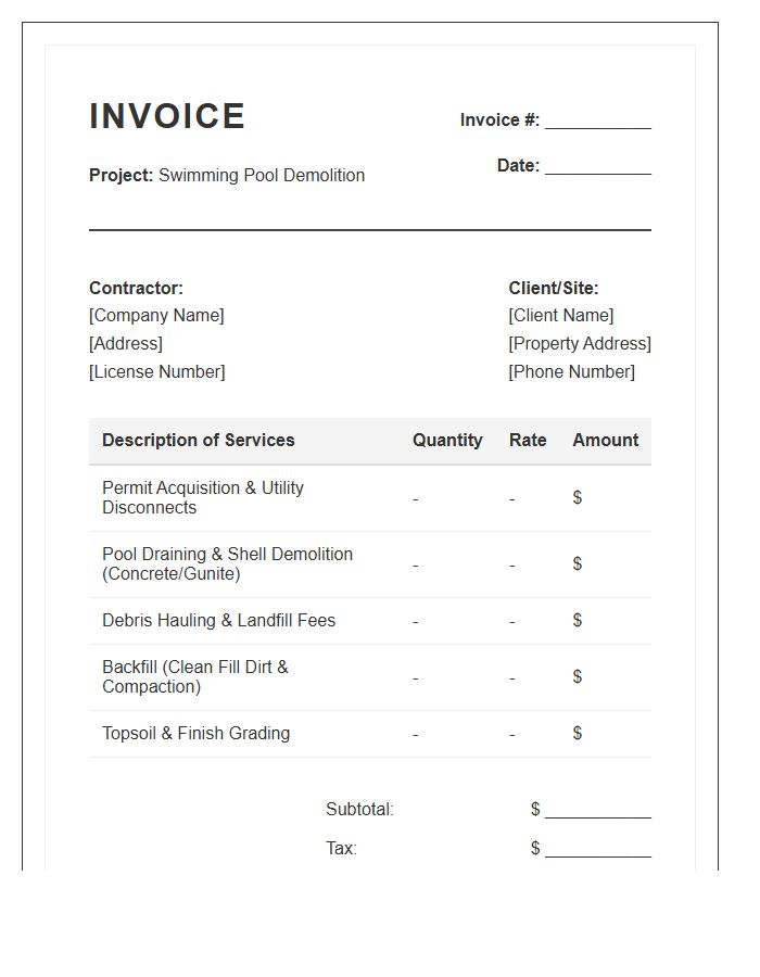 Swimming Pool Demolition Project Invoice Template