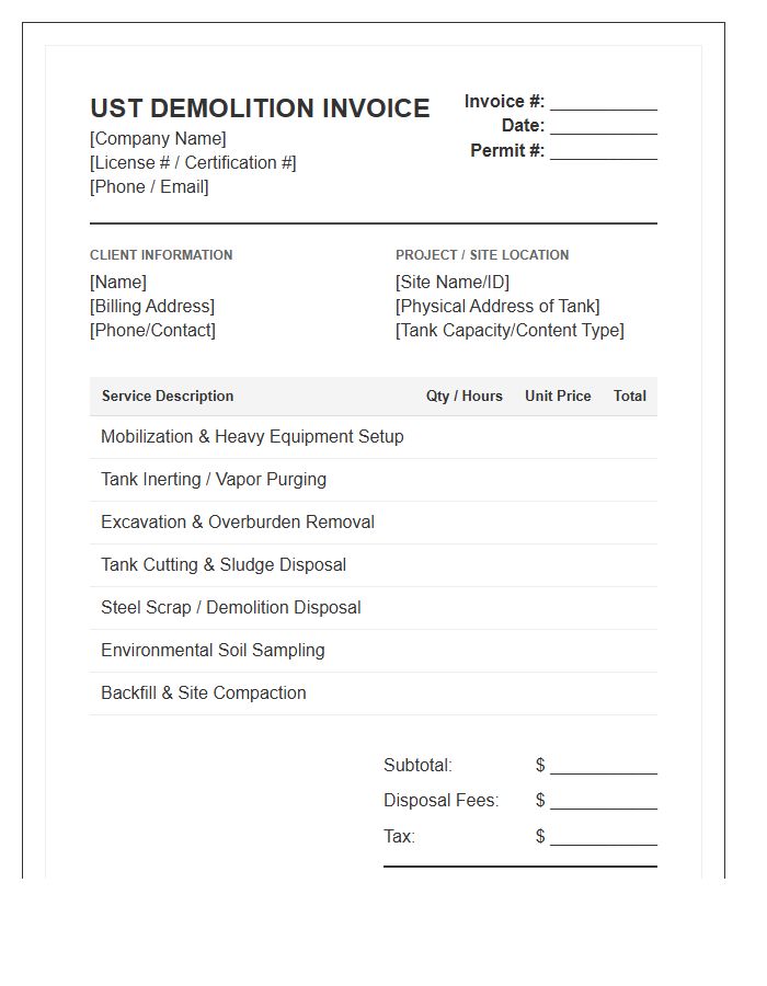 Underground Storage Tank Demolition Invoice Template