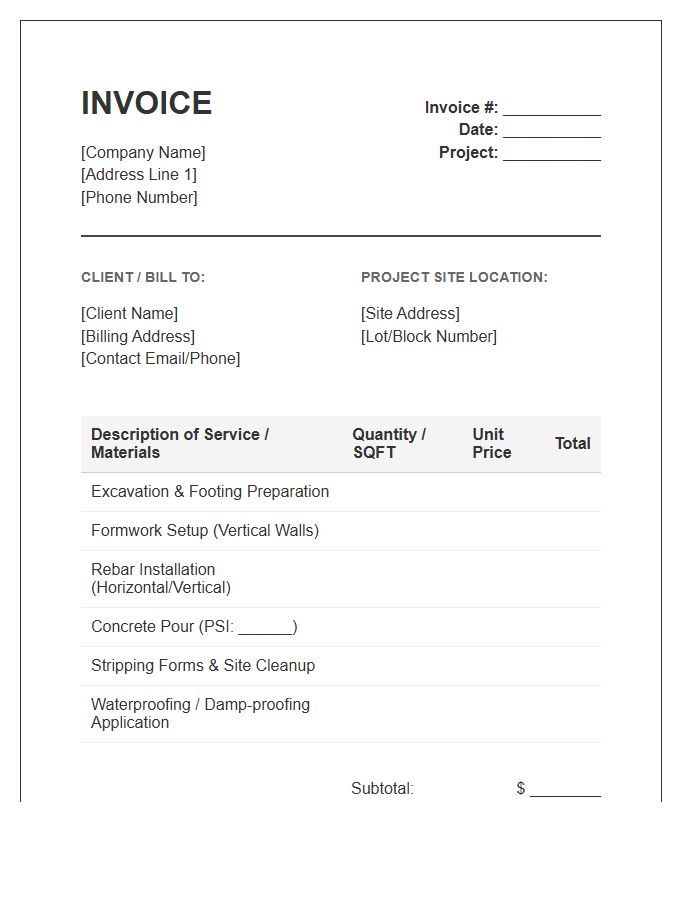 Concrete Foundation Wall Installation Invoice Template