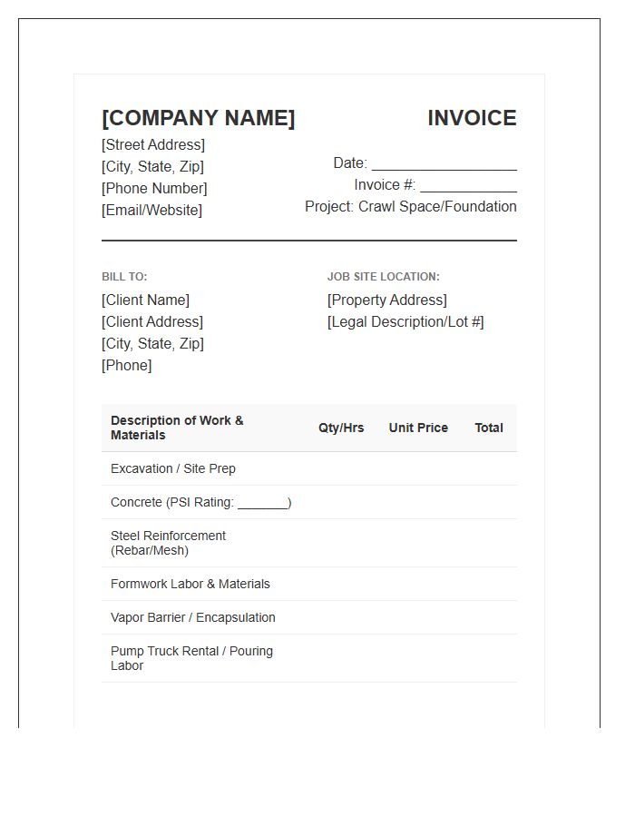 Crawl Space Foundation Concrete Invoice Template