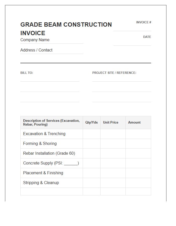 Grade Beam Concrete Construction Invoice Template