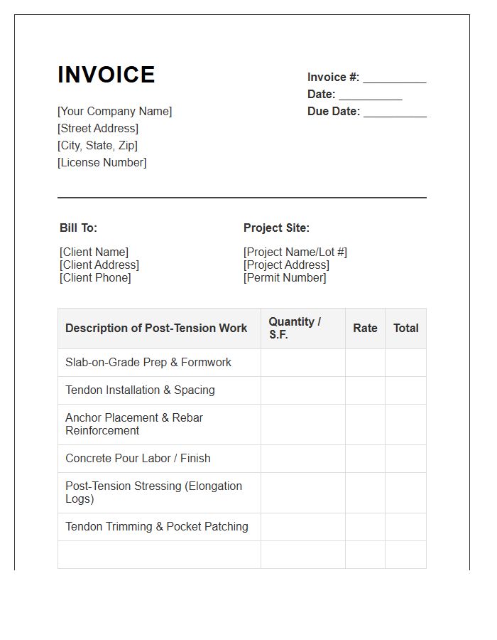 Post Tension Foundation Work Invoice Template