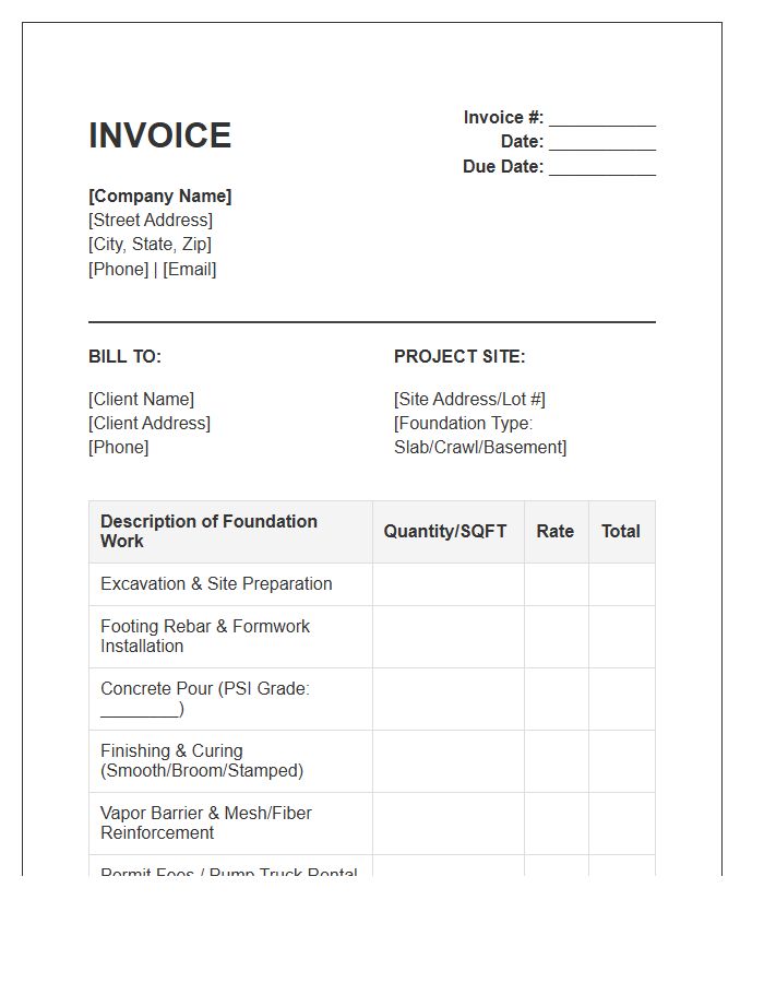 Residential Concrete Foundation Work Invoice Template