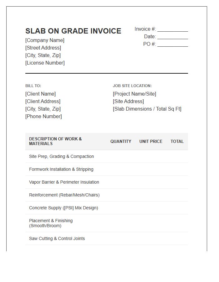 Slab On Grade Concrete Invoice Template