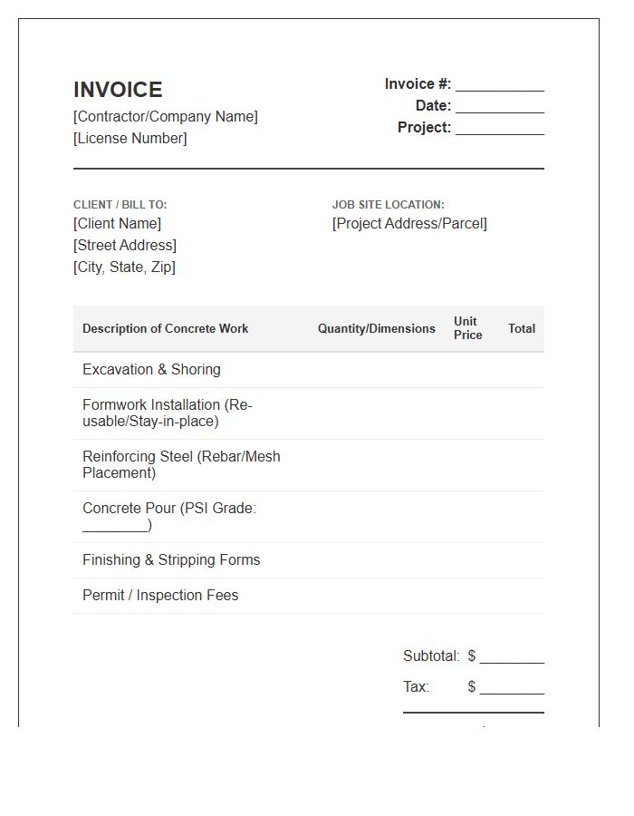 Structural Concrete Footing Installation Invoice Template