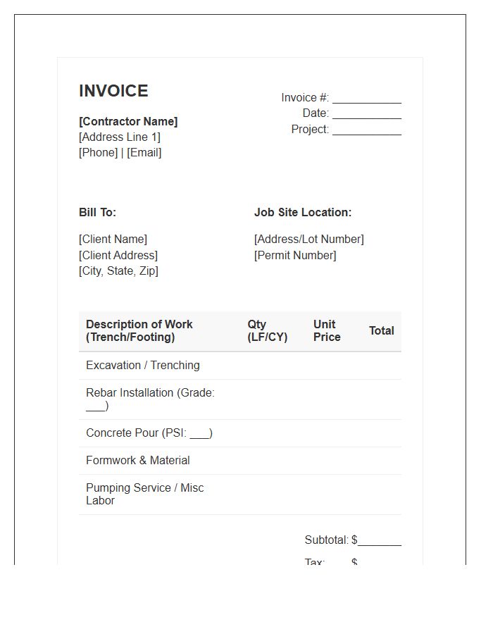 Trench Footing Concrete Work Invoice Template