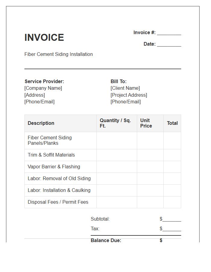 Fiber Cement Siding Project Invoice Template