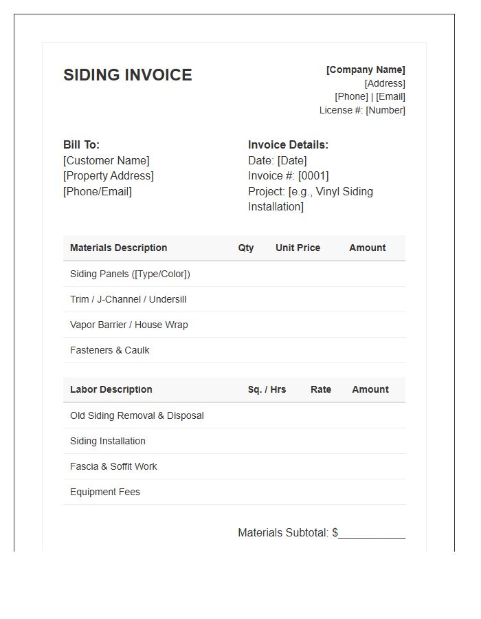 Siding Labor And Materials Invoice Template