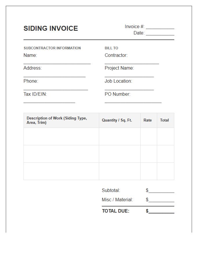 Siding Subcontractor Invoice Template