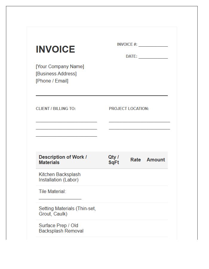 Kitchen Backsplash Tiling Invoice Template