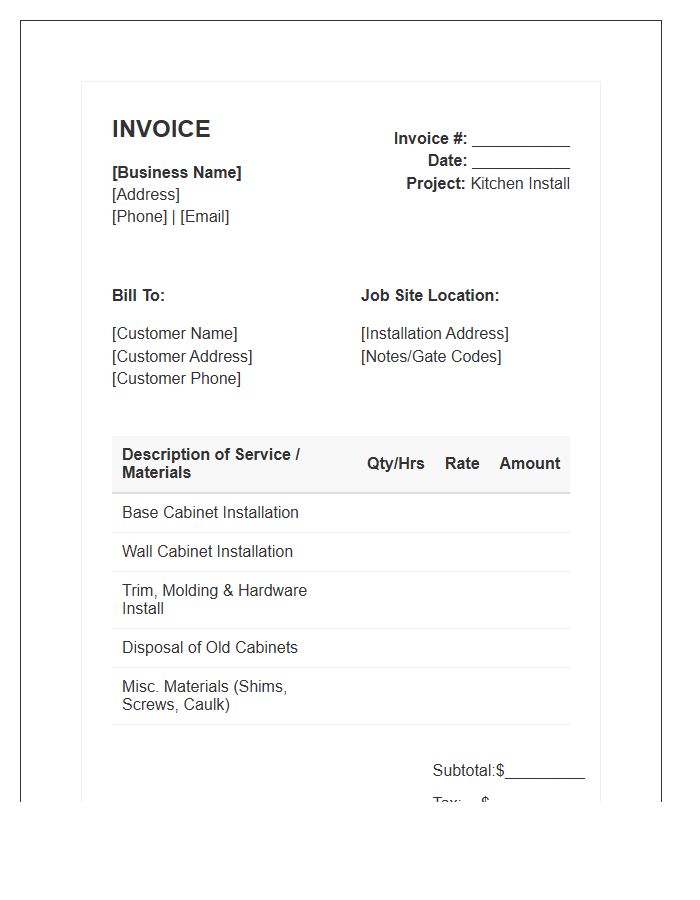 Kitchen Cabinet Installation Invoice Template