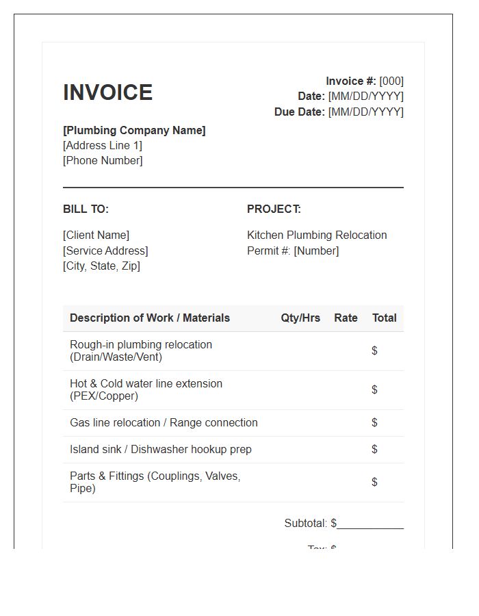 Kitchen Plumbing Relocation Invoice Template