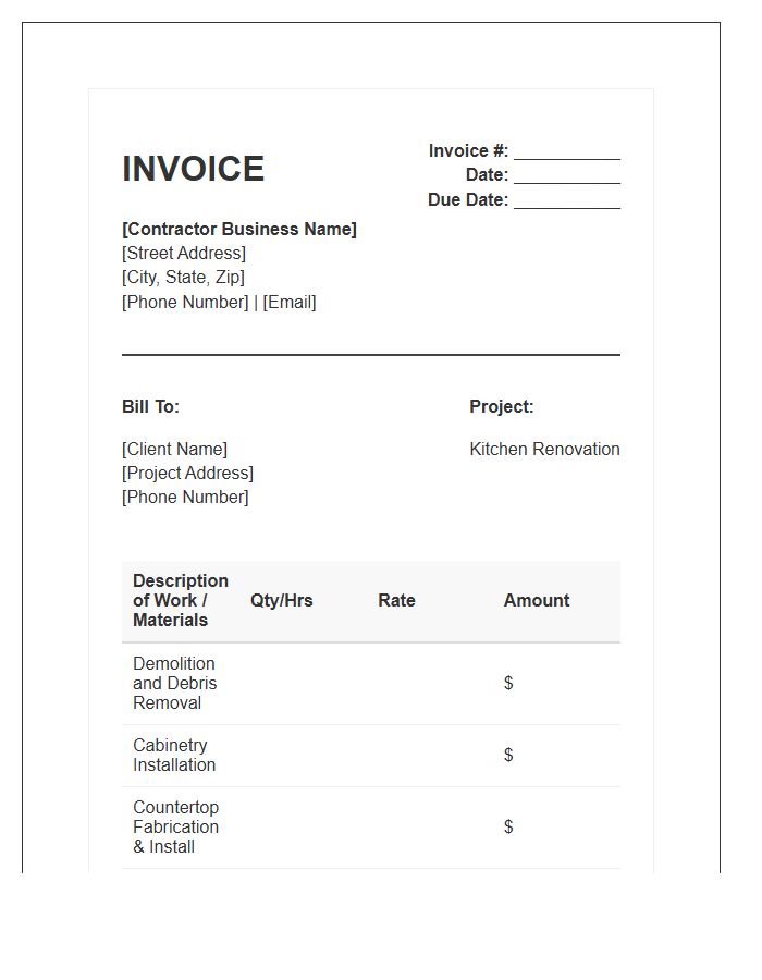 Kitchen Renovation Contractor Invoice Template