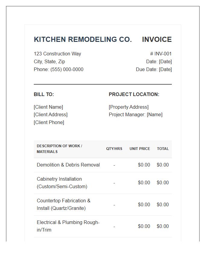 Professional Kitchen Remodeling Invoice Template