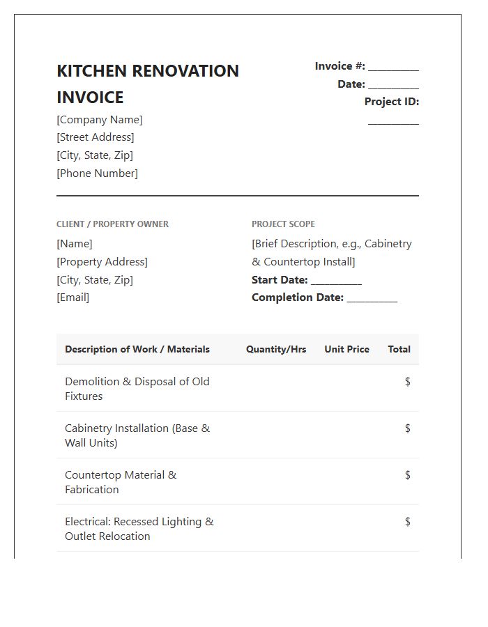 Residential Kitchen Renovation Invoice Template