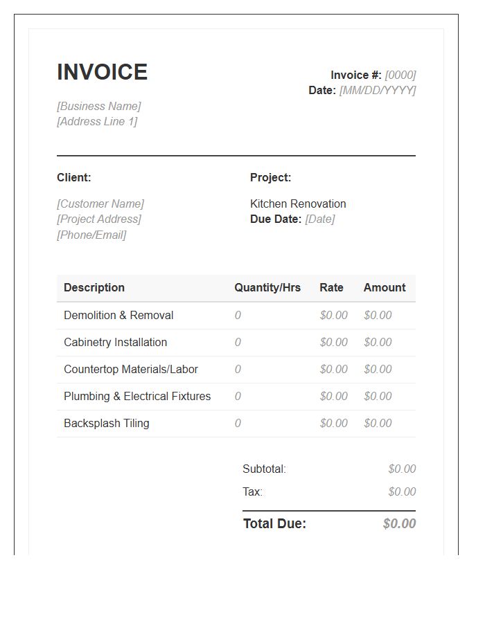 Small Kitchen Renovation Invoice Template