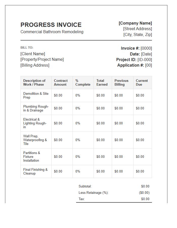 Commercial Bathroom Remodeling Progress Invoice Template