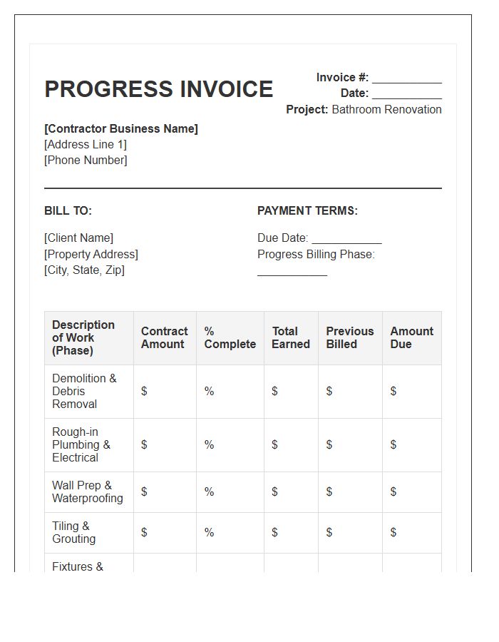 Contractor Bathroom Renovation Progress Invoice Template