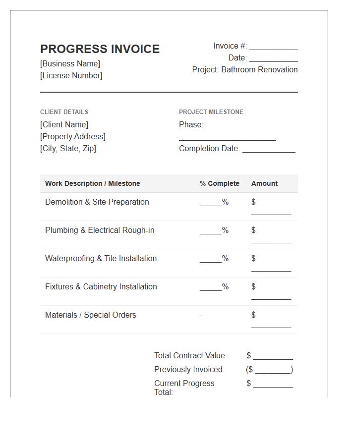 Custom Bathroom Renovation Progress Invoice Template