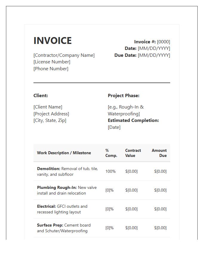 Detailed Bathroom Remodel Progress Invoice Template
